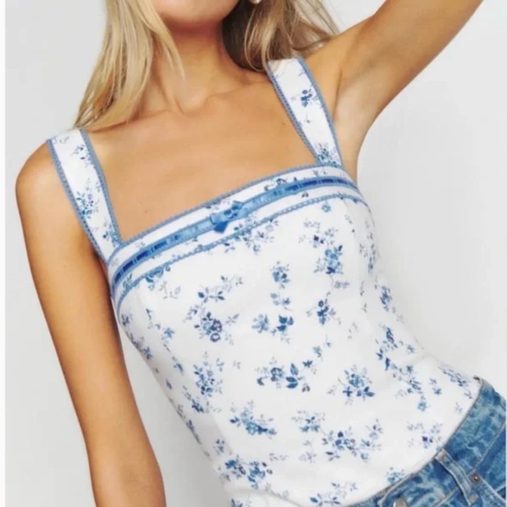 Blue Floral Square-Neck Women's Tank Top